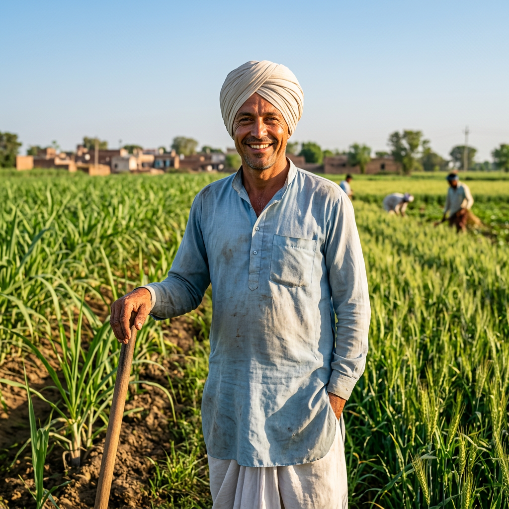 Smiling male farmer wearing a turban and traditional clothes standing in a green crop field with a wooden tool.